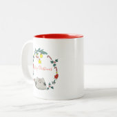 パーソナライズな/猫のクリスマスのリース ツートーンマグカップ (正面左)
