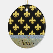 パーソナライズな(紋章の)フラ・ダ・リのニュー・オーリンズの黒い金ゴールド セラミックオーナメント (左)