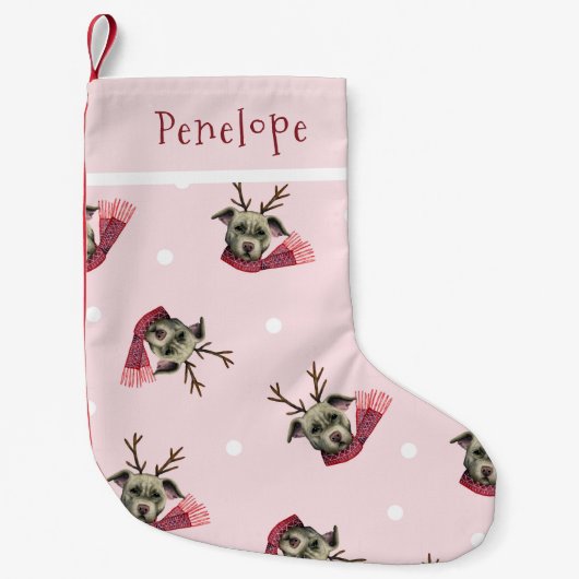 パーソナライズな(雄ジカの)枝角パターンを持つかわいい犬 スモールクリスマスストッキング (正面)