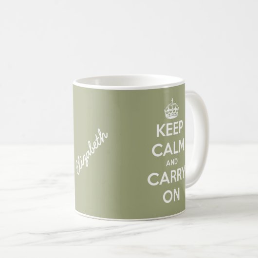 パーソナライズなKeep Calm and Carry Onのセージグリーン コーヒーマグカップ (正面右)