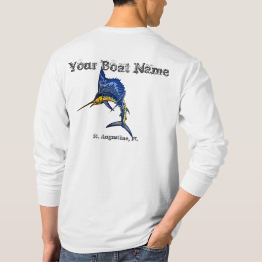 パーソナライズなSailfishのボートの名前および港のワイシャツ Tシャツ (裏面)