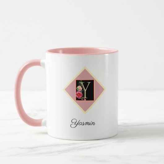 パーソナライズイニシャル ヴィンテージ ローズ "Y" マグカップ (左)