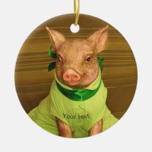 パーソナライズカワイパティザ豚ポートレートで緑 セラミックオーナメント (正面)