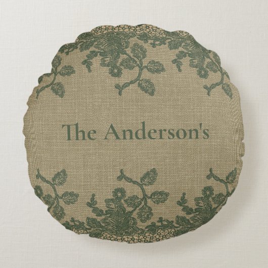パーソナライズグリーンの葉のレースタン - ラスティックカントリー ラウンドクッション (正面)