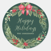 パーソナライズグリーンリースクリスマス ラウンドシール (正面)