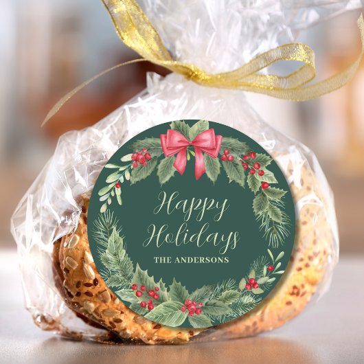 パーソナライズグリーンリースクリスマス ラウンドシール