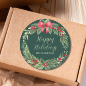 パーソナライズグリーンリースクリスマス ラウンドシール