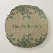 パーソナライズグリーンリーフレースタン ラスティックカントリー ラウンドクッション (正面)