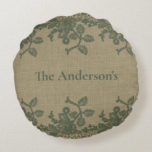 パーソナライズグリーンリーフレースタン ラスティックカントリー ラウンドクッション (裏面)