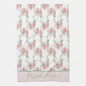 パーソナライズシャビーシックコテージコアピンクフローラ キッチンタオル (縦)