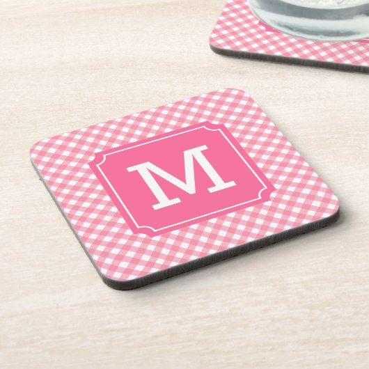 パーソナライズスタイリッシュベビーピンクジンガムモノグラム コースター (左側)
