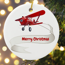 パーソナライズデザイン,赤い飛行機とサンタのクリスマス セラミックオーナメント