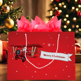 パーソナライズデザイン,赤い飛行機とサンタのクリスマス ラージペーパーバッグ