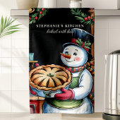 パーソナライズドクリスマスの雪だるまとパイ キッチンタオル