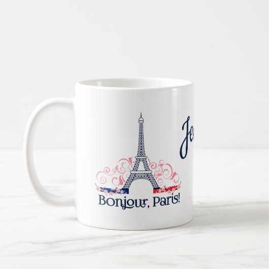 パーソナライズドネーム入りBonjour Paris France コーヒーマグカップ (左)