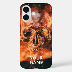 パーソナライズドネーム 宇宙の炎のドクロ iPhone 16ケース