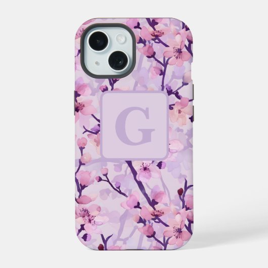パーソナライズドモノグラム 桜 紫 iPhone 15ケース (裏面)