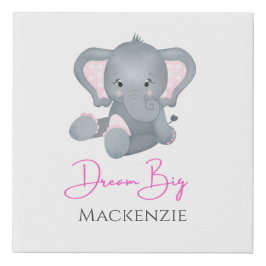 パーソナライズドリームビッグピンクグレーエレファントベビーガール フェイクキャンバスプリント