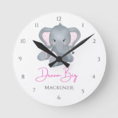 パーソナライズドリームビッグピンクグレーエレファントベビーガール ラウンド壁時計 (正面)