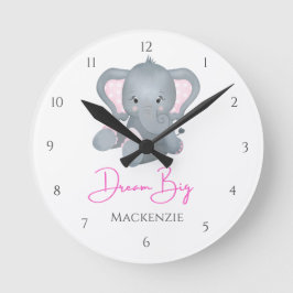 パーソナライズドリームビッグピンクグレーエレファントベビーガール ラウンド壁時計