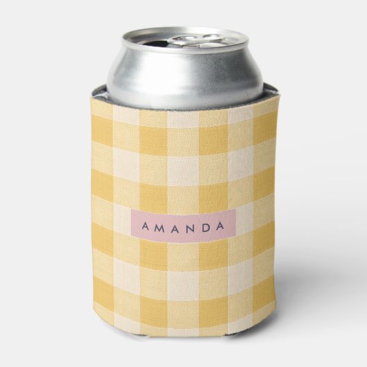 パーソナライズド サニーイエロー ギンガム チェック 缶クーラー (缶正面)