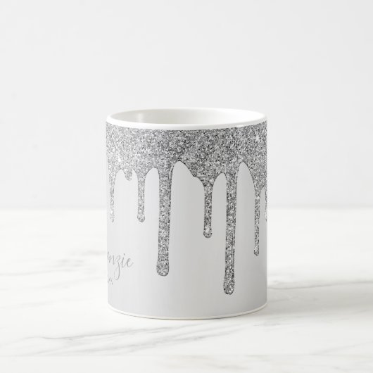 パーソナライズド シック シルバー スパークル グリッター ドリップス コーヒーマグカップ (中央)