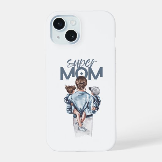 パーソナライズド スーパーママと息子と娘のギフト iPhone 15ケース (裏面)