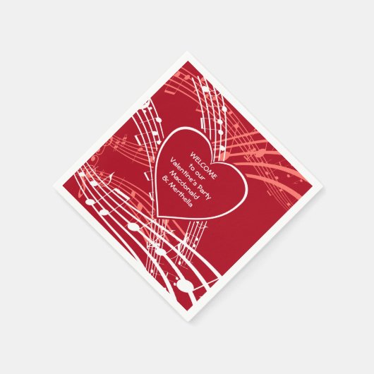 パーソナライズド ハーツ ミュージック バレンタインズ パーティー ペーパー スタンダードカクテルナプキン (角)