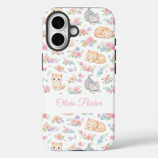 パーソナライズド パステル 子猫とフラワーの名前 カスタム Case-Mate iPhoneケース (裏面)