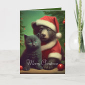 パーソナライズド ビンテージ ベア & 黒猫のクリスマス シーズンカード (正面)