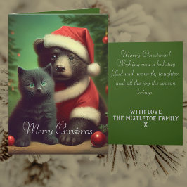 パーソナライズド ビンテージ ベア & 黒猫のクリスマス シーズンカード