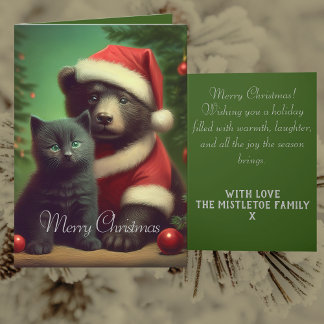 パーソナライズド ビンテージ ベア & 黒猫のクリスマス シーズンカード