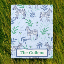 パーソナライズド プレッピー ゼブラ & マティーニ ブルー フリースブランケット