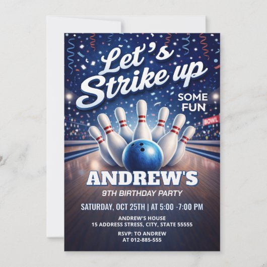 パーソナライズド ボウリング Let's Strike Up バースデー 招待状 (正面)