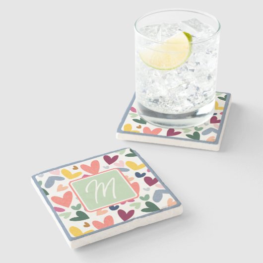 パーソナライズド ミントグリーン ピンク ブルー ハート パターン ストーンコースター (横)