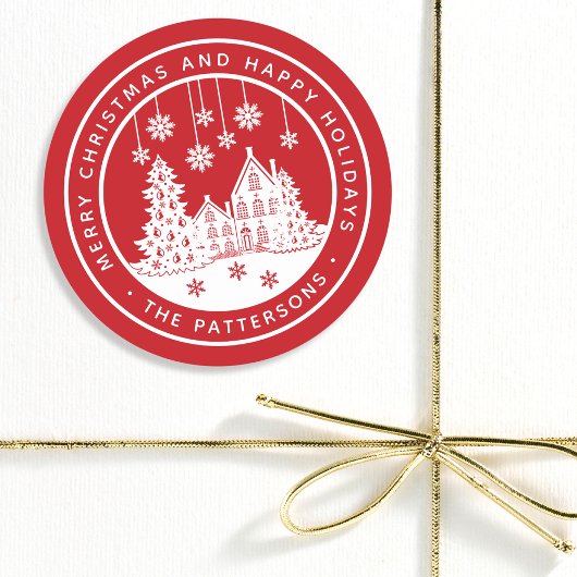 パーソナライズド メリークリスマス 冬の村 ラウンドシール