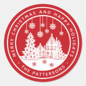 パーソナライズド メリークリスマス 冬の村 ラウンドシール (正面)