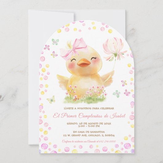 パーソナライズド 1歳の誕生日 女の子 アヒルデザイン 招待状 (正面)