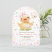 パーソナライズド 1歳の誕生日 女の子 アヒルデザイン 招待状 (スタンド正面)