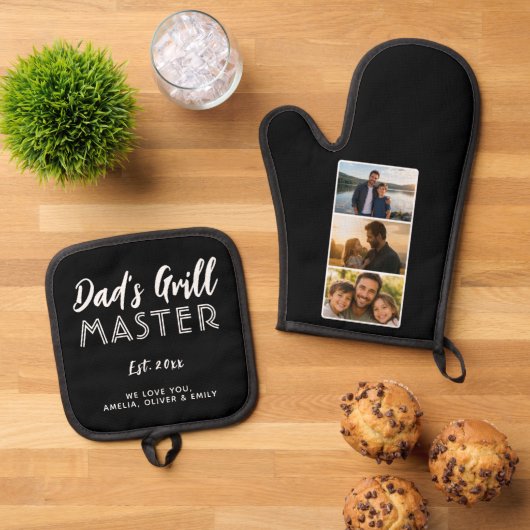 パーソナライズド Dad's Grill Master 3 写真入り 鍋つかみ&鍋敷きセット (トップダウン)