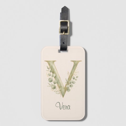 パーソナライズド V モノグラム | セージグリーンボタニカル ラゲッジタグ (正面縦)