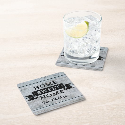 パーソナライズネーム素朴ホームスイートホームウッド淡い色の スクエアペーパーコースター (インサイチュ)