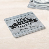 パーソナライズネーム素朴ホームスイートホームウッド淡い色の スクエアペーパーコースター (アングル)