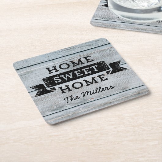 パーソナライズネーム素朴ホームスイートホームウッド淡い色の スクエアペーパーコースター (アングル)