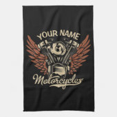 パーソナライズバイクもしくは自転車に乗る人モーターサイクルモーターウィングガレージ キッチンタオル (縦)