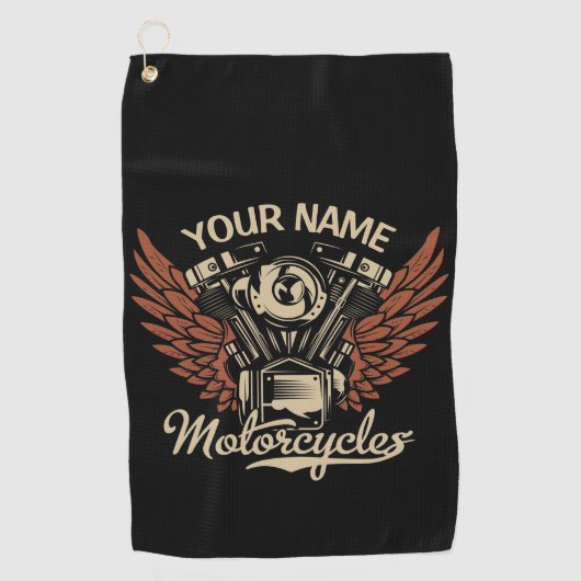 パーソナライズバイクもしくは自転車に乗る人モーターサイクルモーターウィングガレージ ゴルフタオル (正面)