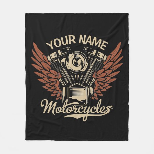 パーソナライズバイクもしくは自転車に乗る人モーターサイクルモーターウィングガレージ フリースブランケット (正面)