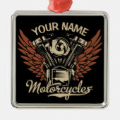 パーソナライズバイクもしくは自転車に乗る人モーターサイクルモーターウィングガレージ メタルオーナメント (正面)