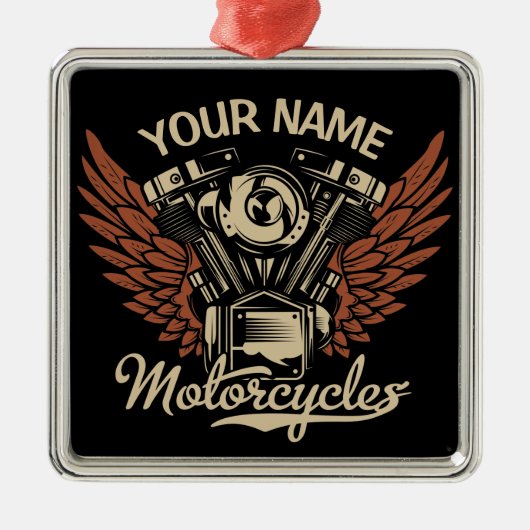 パーソナライズバイクもしくは自転車に乗る人モーターサイクルモーターウィングガレージ メタルオーナメント (正面)