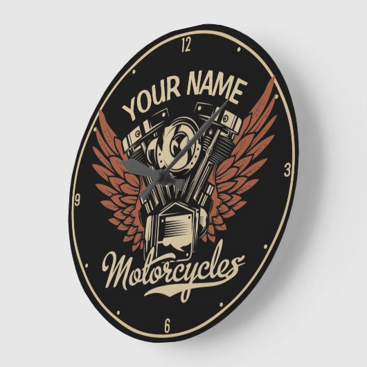 パーソナライズバイクもしくは自転車に乗る人モーターサイクルモーターウィングガレージ ラージ壁時計 (傾斜)
